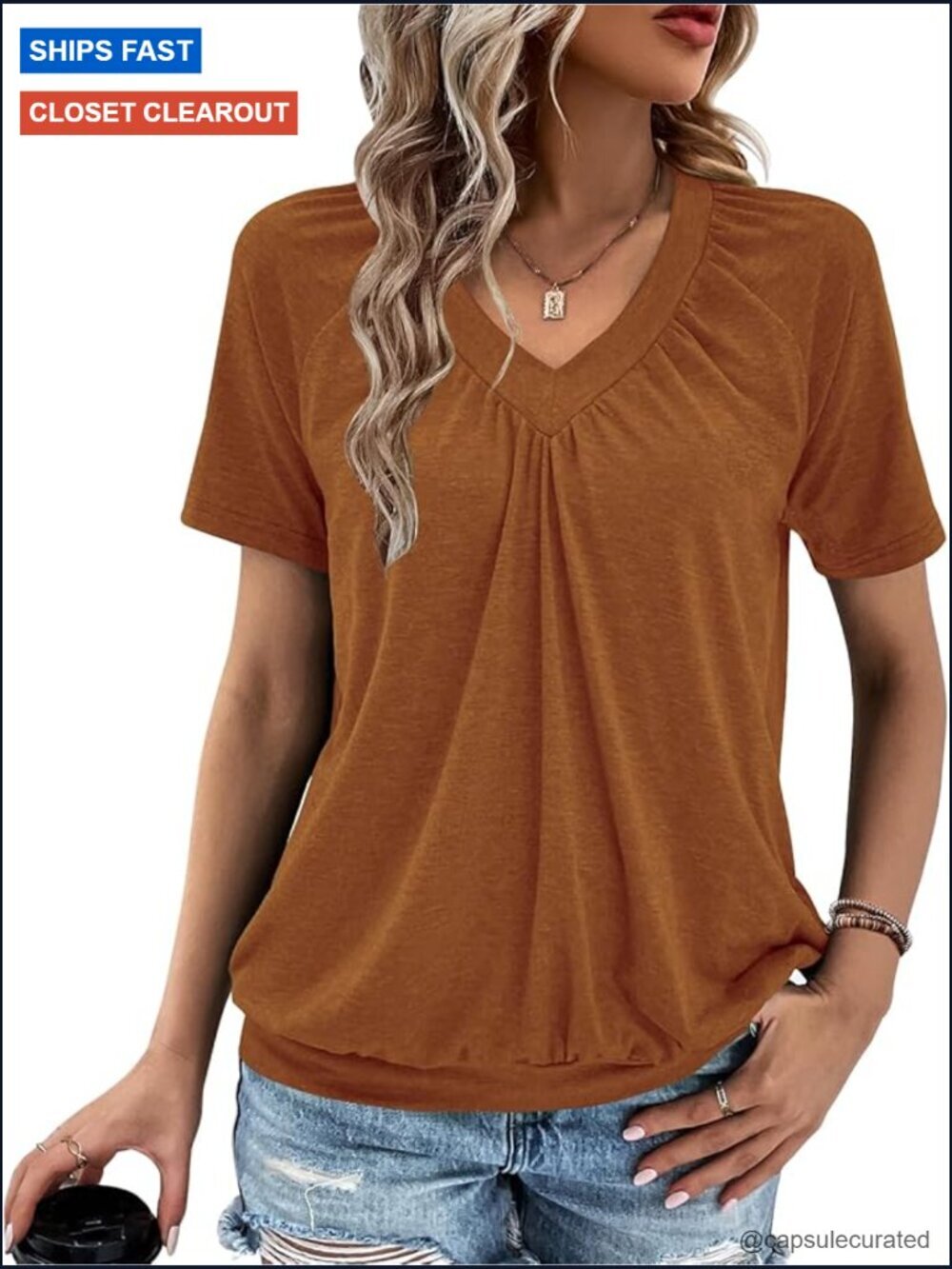 Summer V Neck Short Sleeve T Shirt Women Casual Loose Fit Ruched Top